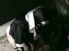Horny nun slave with fat ass is lying on the floor and is sp