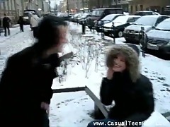 Sweet teen couple hot drilling in winter