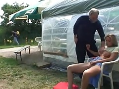 Cute blonde and an old man fucking outdoor